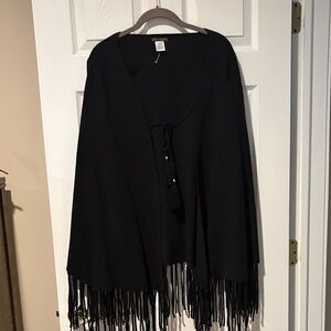 Joy & Iman Black Fringe Cape with Tassel Tie